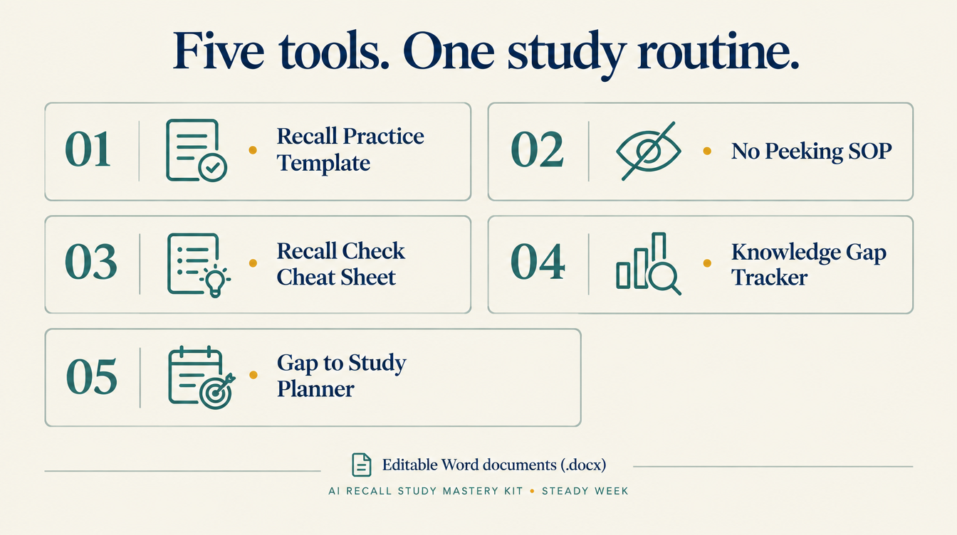 Product illustration showing the five editable Word documents included in the AI Recall kit