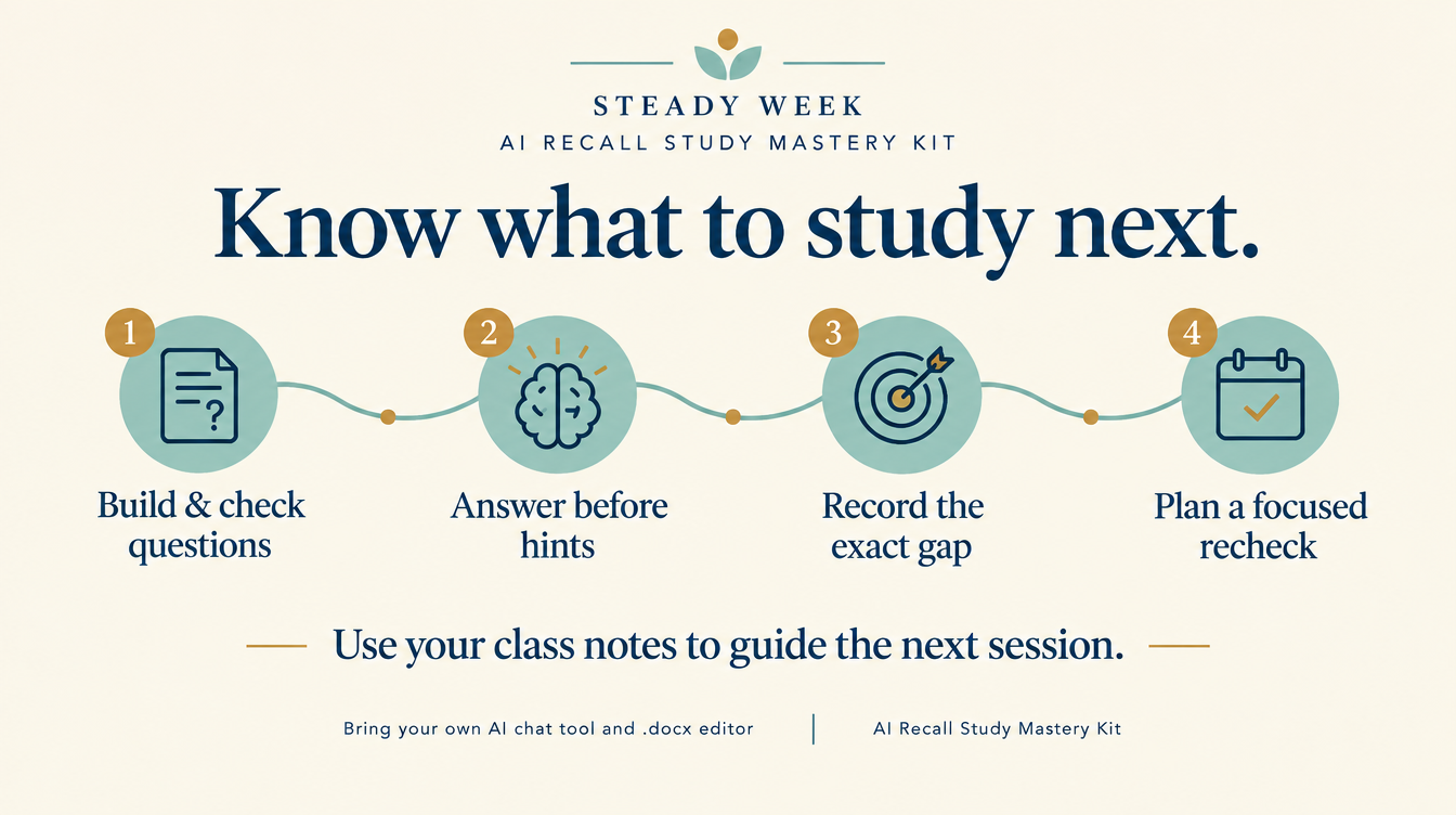 Product illustration of the five-step AI Recall closed-page study process