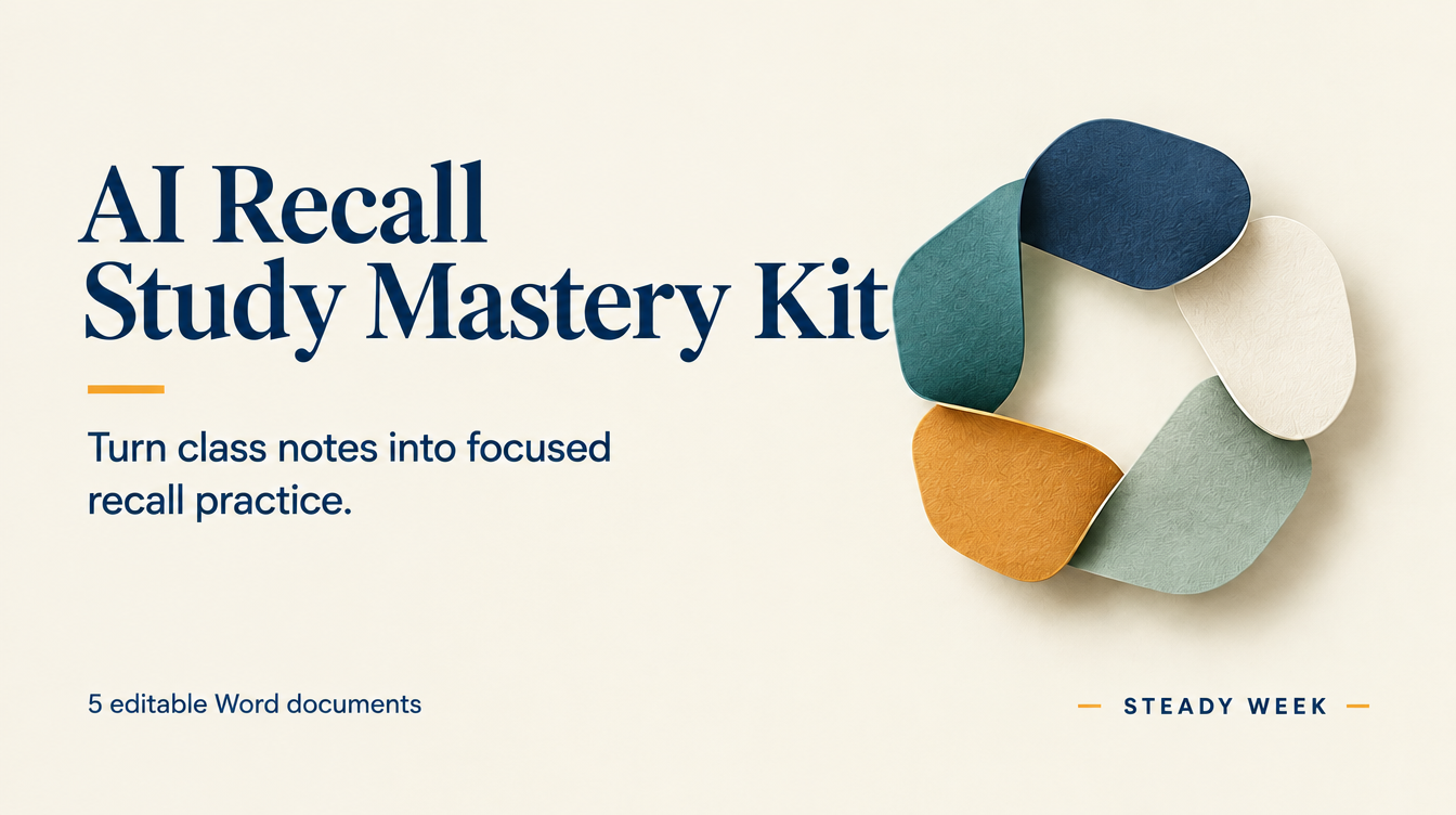 Product illustration showing the AI Recall Study Mastery Kit documents arranged around a study desk